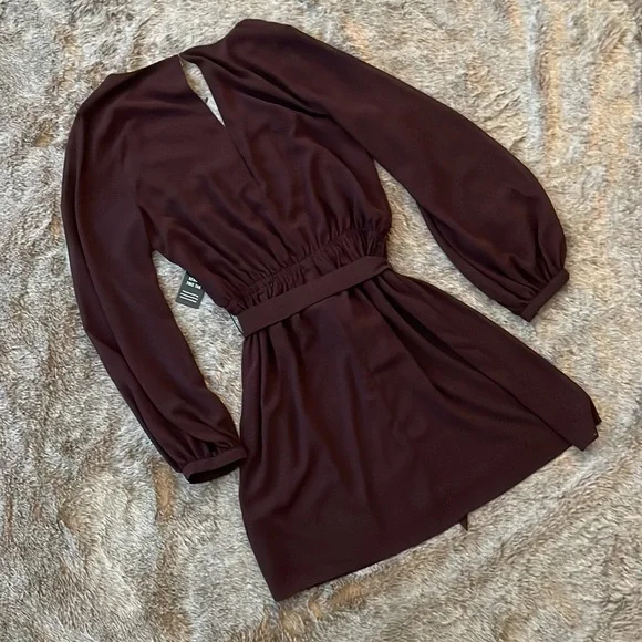 Express Plum V-Neck Elastic Tie Waist Long Sleeve Mini Dress Small NWT - Picture 7 of 10